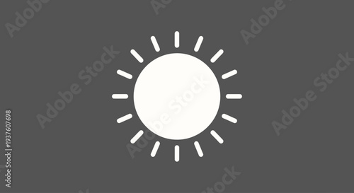 Minimalist white sun icon with rays on gray background