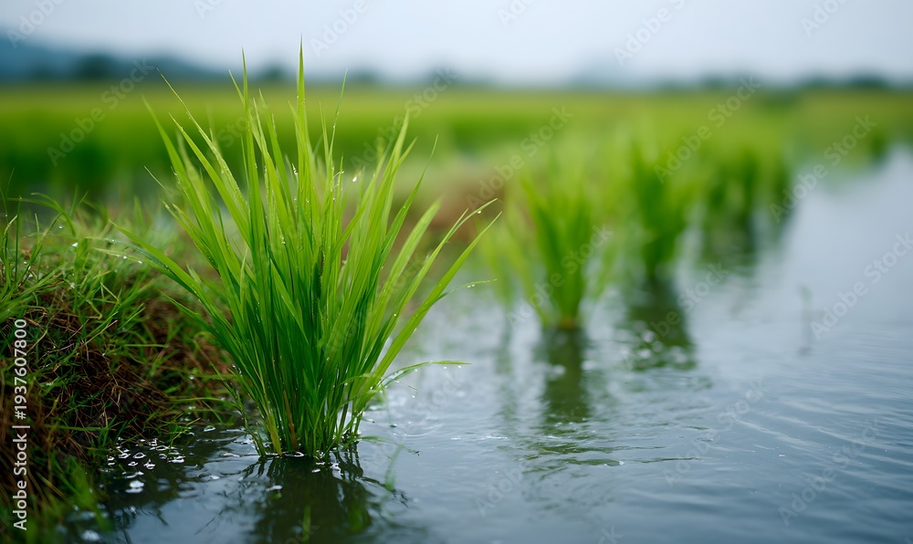 Obraz premium rice seedlings in the rice field, neatly arranged and growing well, with green leaves that have just sprouted