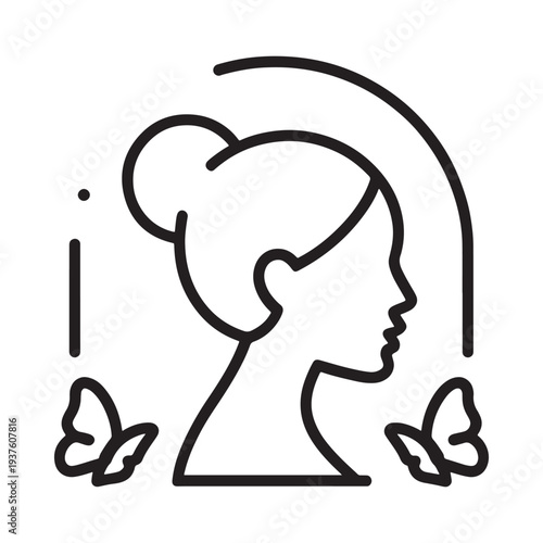 A minimalist line drawing depicts a woman s profile with an updo and butterflies creating a delicate aesthetic