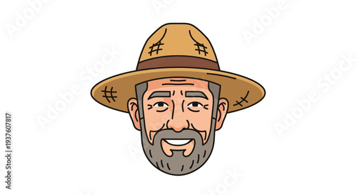 Older man character wearing hat with beard and hashtags