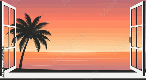 Open window overlooking tropical ocean sunset with palm tree silhouette