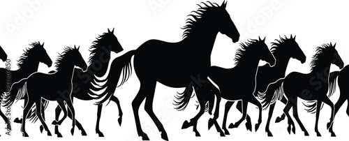 Black silhouettes of a herd of wild horses galloping and running, isolated on white background, animal movement, nature, equestrian, vector.