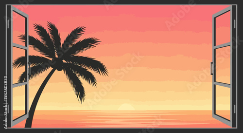 Open window view of tropical sunset with palm tree