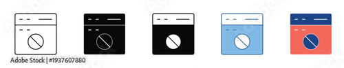 Vector icons of a washing machine with a universal prohibition sign, signaling 'no washing' or 'appliance out of service' status for modern digital interfaces and warning graphics
