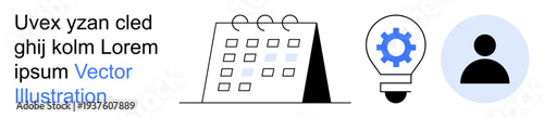 Productivity, innovation, scheduling, data organization, work planning, design concepts. Calendar, lightbulb with gear icon and profile figure. Productivity and innovation illustrated