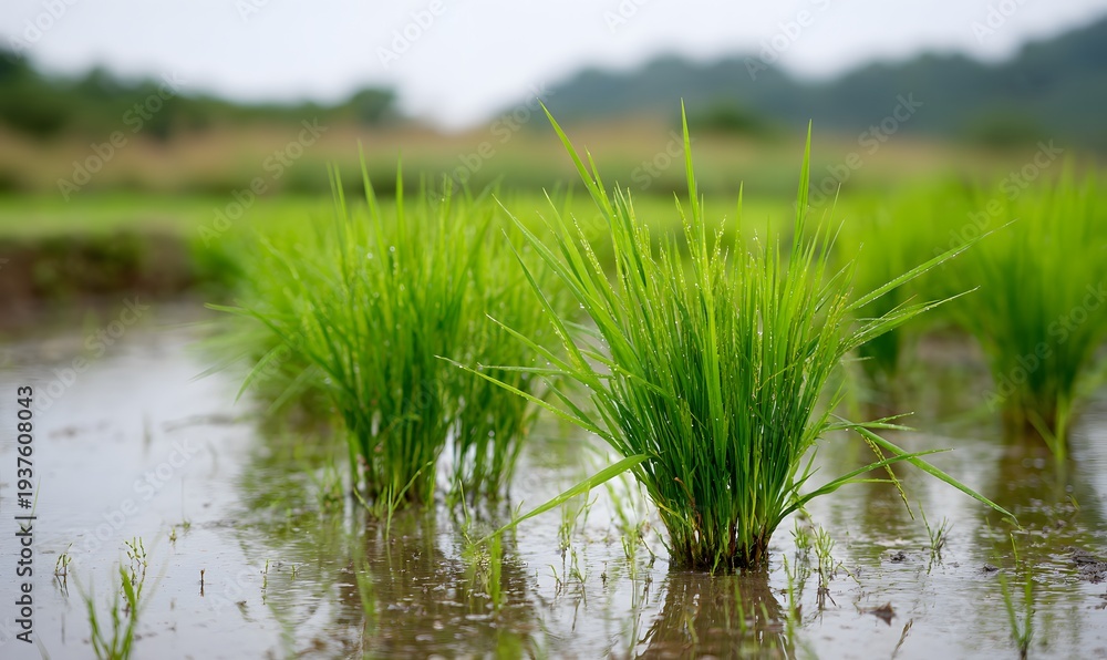 Obraz premium rice seedlings in the rice field, neatly arranged and growing well, with green leaves that have just sprouted