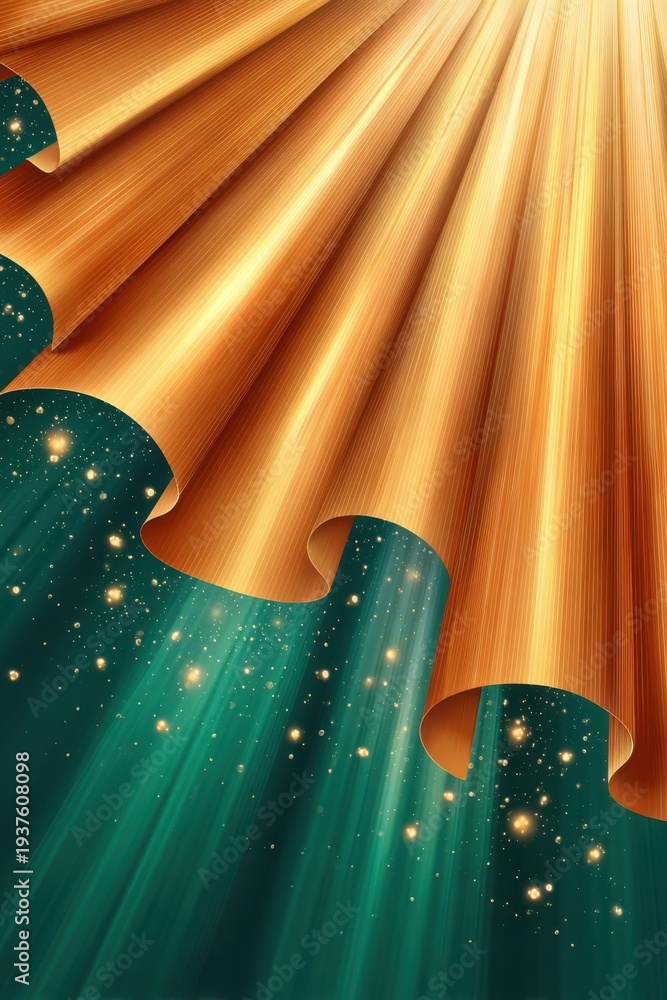 Fototapeta premium Radiant light beams shining through gold curtain over dark green sparkling background for magical abstract design