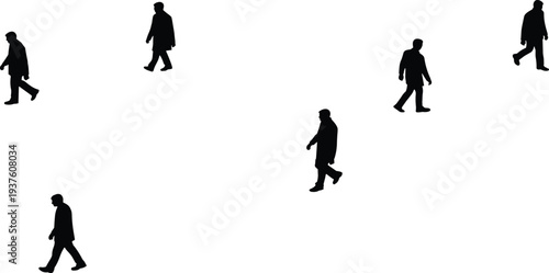 Black silhouettes of men walking in coats and suits, side view of businessmen moving, urban lifestyle people icons, pedestrian vector.