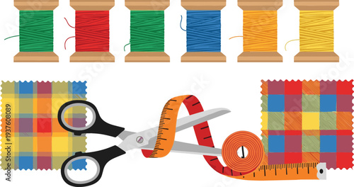 Tailoring and sewing kit collection featuring colorful thread spools, sharp scissors, orange measuring tape, and fabric swatches isolated on white background vector illustration.