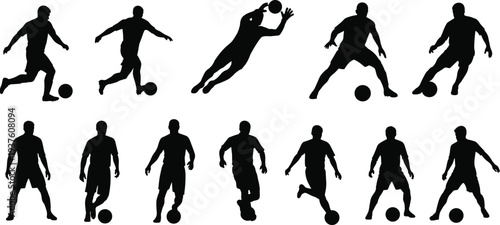 Collection of soccer player silhouettes dribbling and goalkeeping in various action poses isolated on white background, black vector illustration set