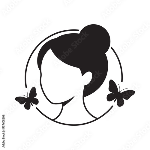 A minimalist black silhouette depicts a woman s profile with an updo accented by two fluttering butterflies