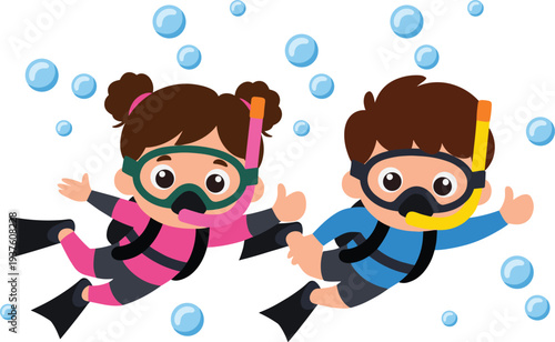 Cartoon children scuba diving underwater with colorful suits, masks, snorkels, and flippers surrounded by bubbles, playful adventure illustration for marine life, exploration, and educational design 