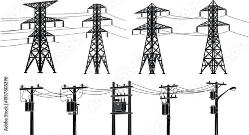 High voltage transmission tower and utility pole silhouettes set, electric power line infrastructure collection, energy distribution vector illustration