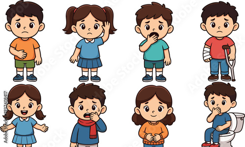 Cartoon illustration of children showing various health symptoms including stomachache, headache, flu, injury, and wellness, useful for medical, educational, and healthcare awareness projects.