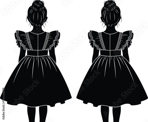 Twin little girls silhouette in elegant dresses, back view child figures isolated on white background illustration design