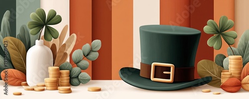 St. Patrick's Day leprechaun hat with gold coins, shamrocks and autumn foliage backdrop