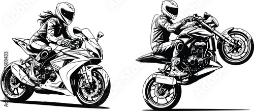 Sport motorcycle riders illustration, man and woman performing racing and stunt on superbike isolated on white background design
