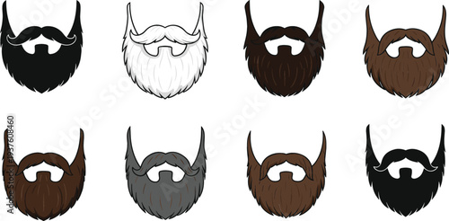 Large collection of realistic male facial hair styles featuring various beard and mustache shapes in black, brown, grey, and white colors for character design.