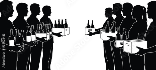 Volunteers donating food and drink boxes silhouettes, community charity support concept, people sharing supplies vector illustration isolated