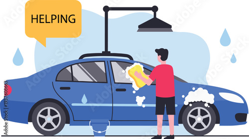 Cartoon illustration of person washing blue car with sponge, soap suds, bucket, water droplets, and helping concept, representing teamwork, assistance, and cleaning activity artwork