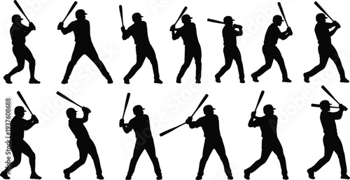 Baseball batter silhouette sequence showing batting swing poses, athlete motion study, sports action illustration, black silhouettes isolated on white background vector set collection