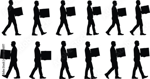 Walking worker silhouettes carrying boxes in sequence, showing motion, activity, biomechanics, labor, industry, posture, teamwork, discipline, productivity, and ergonomic study.