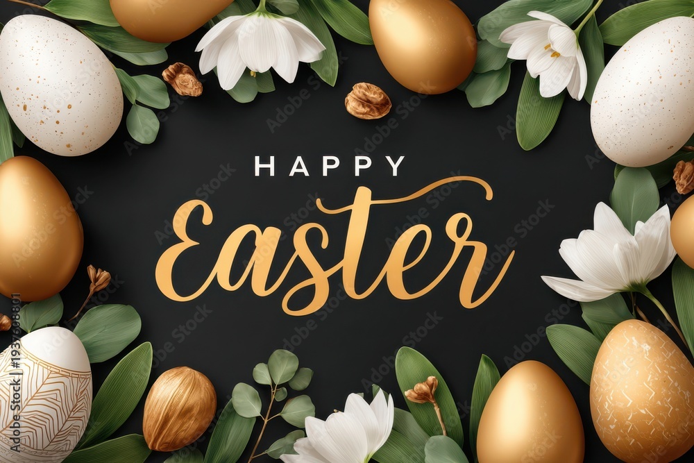 Fototapeta premium Happy Easter banner with golden eggs, white flowers and green leaves on dark background