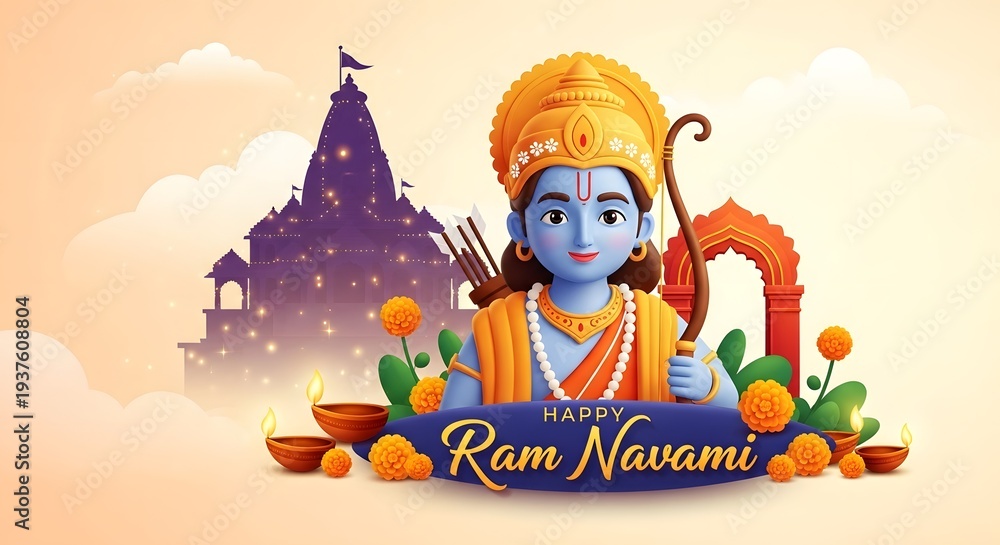 Naklejka premium Happy ram navami festival illustration with lord rama and temple in background