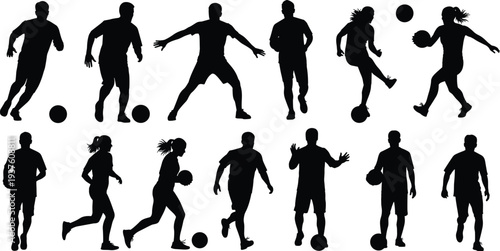 Collection of soccer player silhouettes dribbling ball in various action poses isolated on white background, black vector illustration for sports design