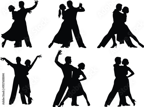 Elegant ballroom and Latin dance couple silhouettes in dynamic poses, showcasing rhythm, grace, movement, connection, passion, performance, and artistic expression.