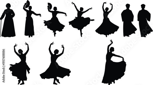 Silhouette flamenco dancers performing traditional Spanish dance poses, elegant female figures in motion, cultural folk performance vector illustration isolated