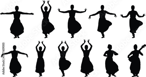 Classical dance silhouettes collection showing female dancer poses graceful hand movements traditional performance isolated black vector illustration set