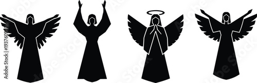 Angel silhouette collection with wings religious spiritual guardian figures black vector illustration isolated on white background for logo tattoo and design use