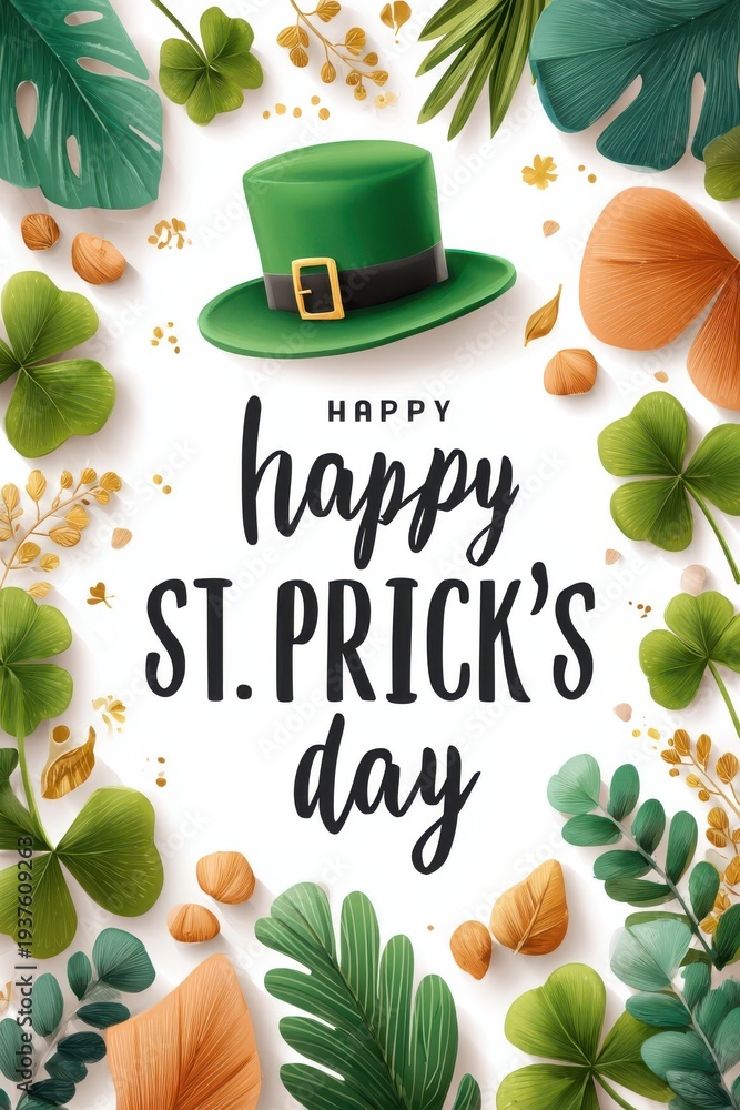 Obraz premium Happy St. Patrick's Day greeting with green leprechaun hat and shamrock leaves