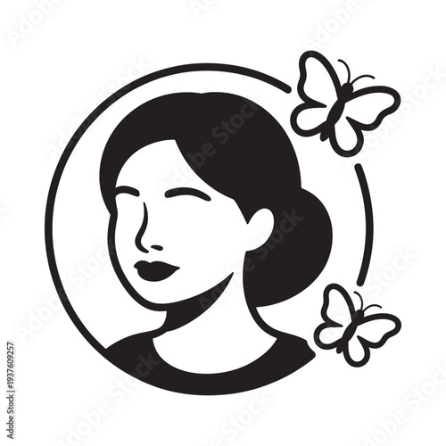 A black and white circular design featuring a woman s face and two fluttering butterflies
