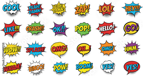 Comic speech bubble vector set with colorful pop art sound effects words isolated on white background for comics stickers and graphic design projects