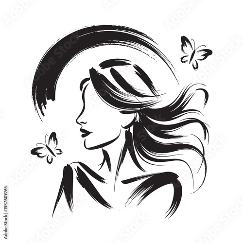 A striking black and white illustration depicts a woman s profile with flowing hair and two butterflies