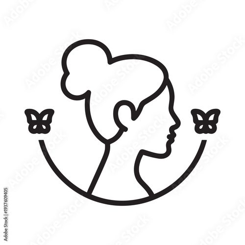 A minimalist line drawing depicts a woman s face in profile adorned with butterflies on either side