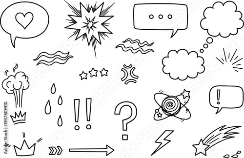 Collection of various comic book style speech bubbles and icons
