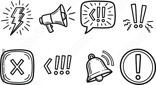 Collection of warning signs and symbols in black and white