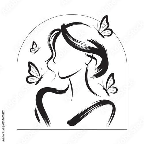 A striking black and white illustration depicts a woman s profile surrounded by delicate fluttering butterflies