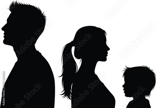 Family silhouettes side view showing father mother and child profile heads isolated black vector illustration concept for parenting generation design