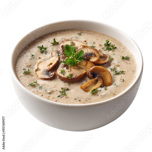 Creamy mushroom soup in a white bowl, garnished with parsley and sliced mushrooms
