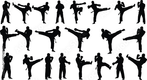 Martial arts silhouettes set showing karate fighters performing high kicks combat stances training poses isolated black vector illustration