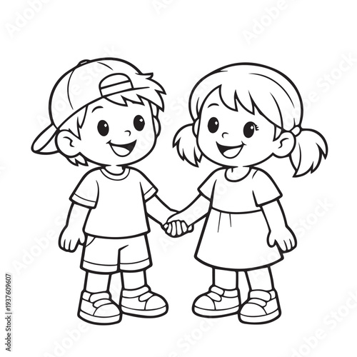 Cute simple vector of a little boy and girl holding hands, smiling together to show a warm moment of friendship and childhood happiness.