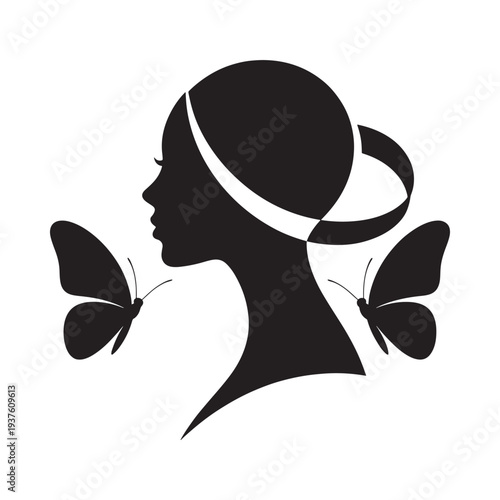 A striking black silhouette depicts a woman s profile adorned with delicate butterflies evoking beauty and transformation