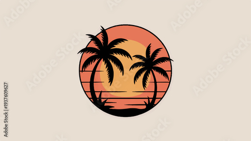 Tropical sunset with palm trees silhouette on a beige background symbolizing relaxation and vacation vibe with warm orange hues