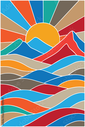 Colorful psychedelic vector landscape featuring mountains, ocean waves, and a radiant sun in an expressive abstract art style.
