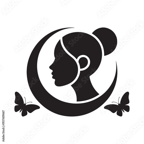 A stylized black silhouette of a woman s face is framed by a crescent moon with two butterflies