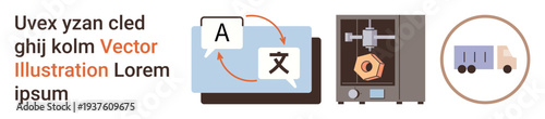 Language services, 3D printing, manufacturing, logistics, delivery, global trade. Computer screen with translation symbols, a 3D printer in action and a delivery truck. Language services and 3D